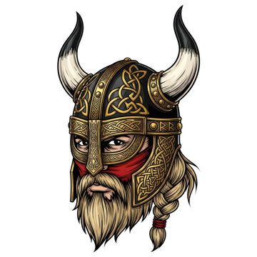 Viking warrior head with horned helmet, Norse barbarian mascot with gold celtic knots, bearded warrior illustration for gaming and sports logos