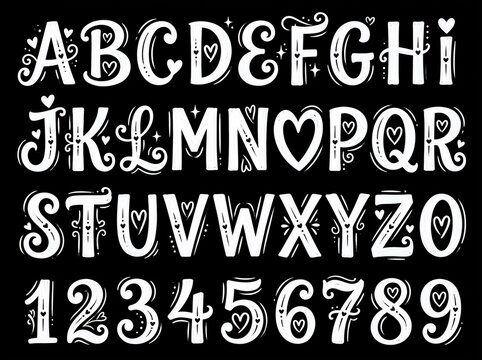 Hand-drawn whimsical alphabet and numeral set with charming heart details, perfect for creative design projects and decorative typography