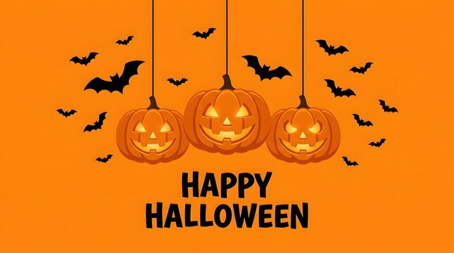 Happy halloween background with hanging jackolantern pumpkins and flying bats