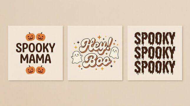Set of three halloween themed designs including spooky mama, hey boo, and spooky spooky spooky