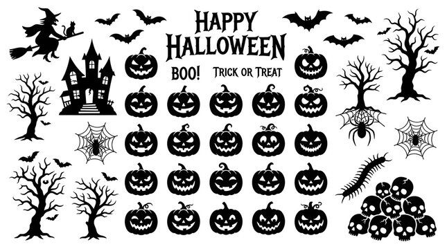 Set of halloween silhouettes with pumpkins, haunted house, trees, and skulls
