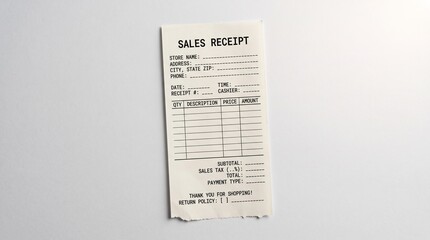 Fototapeta premium Blank sales receipt template for retail business financial tracking.