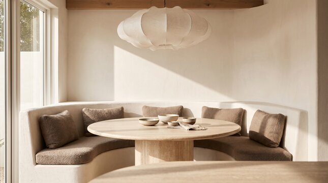 Modern wabi sabi dining nook with round wooden table and curved plaster booth seat bathed in warm natural afternoon sunlight
