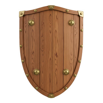 Medieval wooden shield with brass rivets, antique viking buckler on white background, rustic defensive armor for gaming and history
