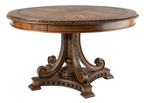 Elegant round wooden dining table with ornate carved pedestal base isolated on transparent background
