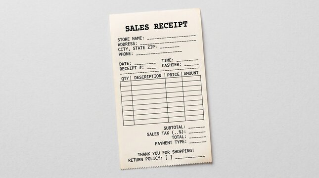 Blank sales receipt template for business financial record keeping.