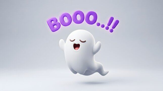 Cute 3d ghost character shouting booo with purple text, isolated on white background, perfect for halloween social media and festive designs