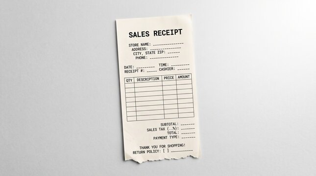 Blank sales receipt template for retail business financial tracking.