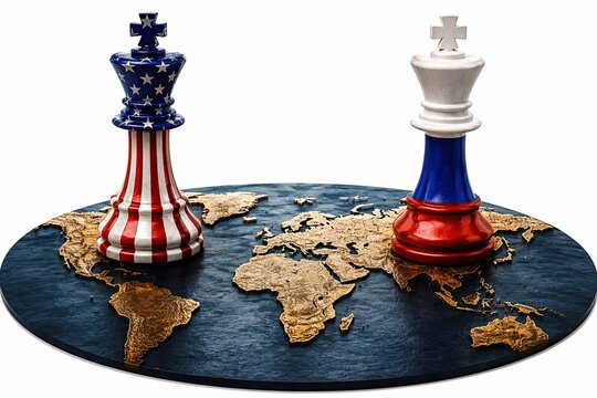 American and russian chess kings standing on a round world map globe