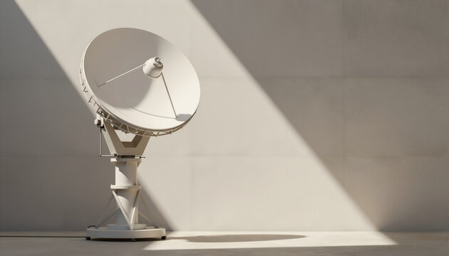 A white satellite dish antenna in a minimalist concrete space.