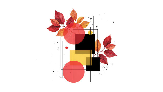 Watercolor Background Colorful abstract autumn leaves with geometric shapes and red circles design