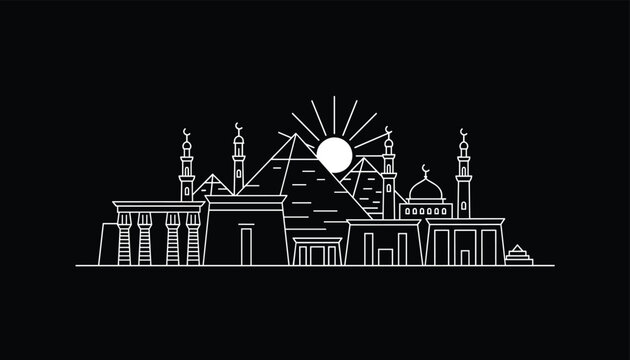 White line art vector illustration of Cairo Egypt skyline featuring pyramids and mosques on a black background.