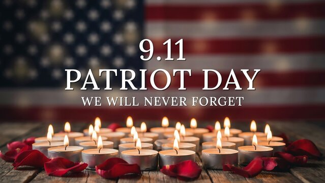 Patriot day memorial candle tribute features glowing tealights with red rose petals and american flag background for annual remembrance ceremony event graphics.