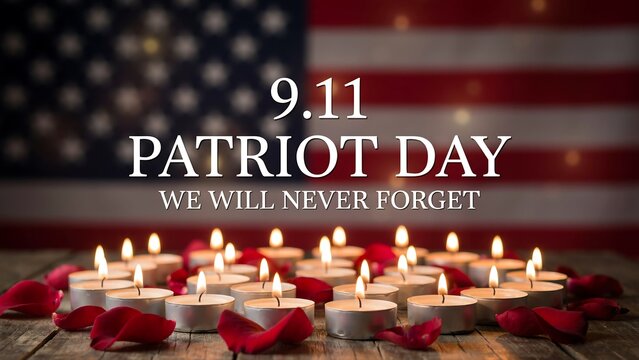 Patriot day memorial candle tribute features glowing tealights with red rose petals and american flag background for annual remembrance ceremony event graphics.