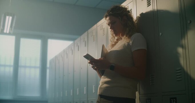Female Teacher Standing Alone in Empty School Locker Room, Checking Smartphone Notifications and Responding to Messages. Concept of Modern Education, Digital Communication, Everyday Teacher Workflow.