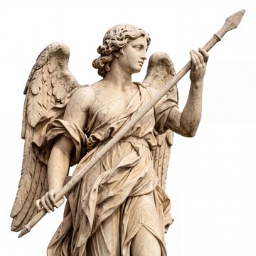 Classic marble statue of an angel holding a spear isolated on white