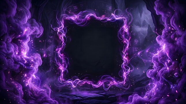 An eerie and captivating halloween background featuring a dark mysterious frame surrounded by swirling purple and violet spectral energy perfect for spooky designs