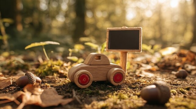 Wooden toy car beside blank sign on sunlit forest floor