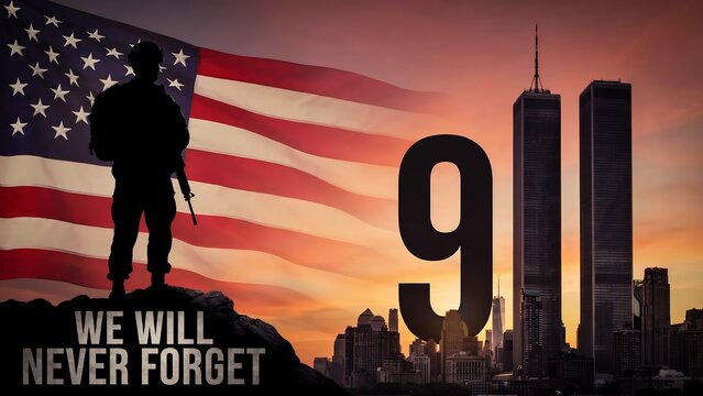 Patriot day silhouette illustration displays soldier standing on cliff with twin towers and american flag for september eleven remembrance commemorative design projects.