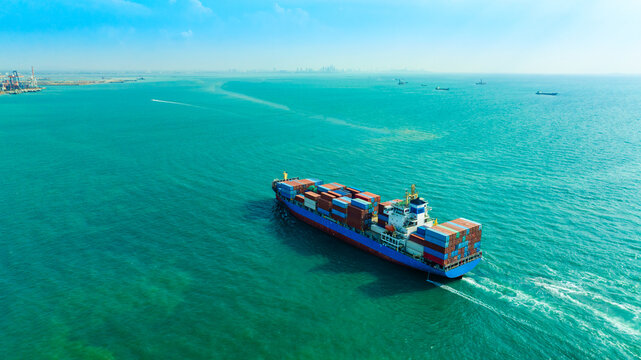 Aerial view of the freight shipping transport system cargo ship container. international transportation Export-import business, logistics, transportation industry concepts	