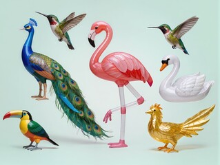 Naklejka premium A sophisticated collection of beautiful birds recreated entirely from transparent inflatable plastic, featuring peacock, flamingo, kingfisher, hummingbird, swan, toucan and golden pheasant