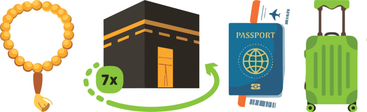 Islamic Hajj and Umrah Pilgrimage Icon Set with Kaaba, Tasbih Prayer Beads, Passport, and Suitcase for Muslim Travel Agency and Eid Mubarak Designs