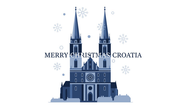 Elegant blue greeting card celebrating Christmas in Croatia featuring stylized zagreb cathedral and snowflakes.