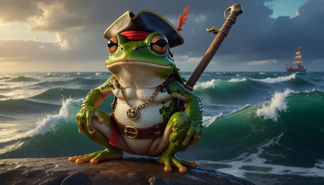 Frog Pirate Adventure Illustration Featuring A Toad Captain On A Rock At Sea