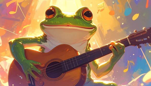 Cute Frog Playing Acoustic Guitar Illustration for Musical Concept and Whimsical Art