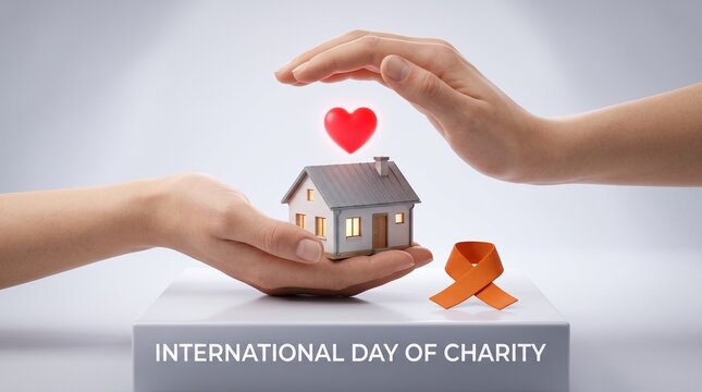 International Day of Charity concept, hands protecting house with red heart, orange ribbon for non-profit awareness and donation