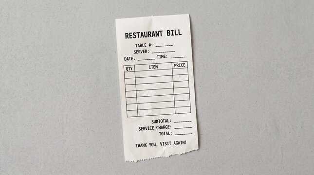 Blank restaurant bill template for recording customer dining expenses.