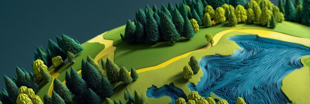Stylized 3D aerial landscape with winding blue river, green hills and dense forest
