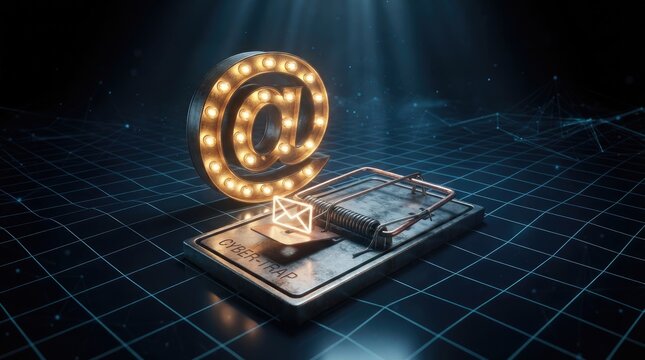 Cybersecurity phishing trap with glowing email icon on mousetrap, digital at symbol with marquee lights, internet scam concept