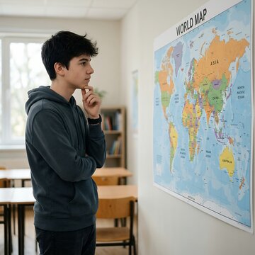 Teenage boy contemplating world map in classroom during lesson.