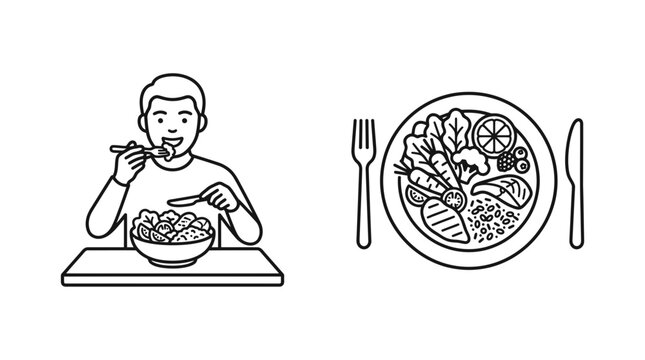 Black and white vector illustration of a man eating healthy meal and a plate of food