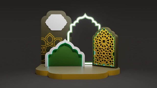 3D animation Arabic Islamic photo booth ornament zoom approach dramatic, neon glowing arch gold geometric lattice mashrabiya, green podium dark background
