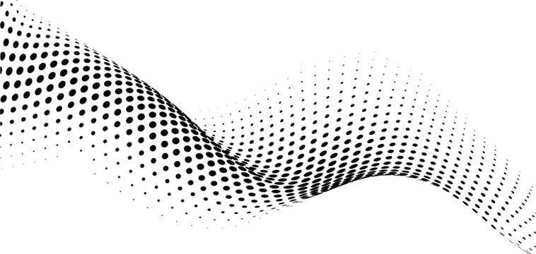 Abstract black halftone dot wave vector background, gradient dynamic circle pattern texture design graphic element