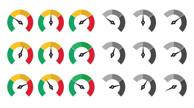 Dashboard gauge vector illustration featuring colorful indicators and grey scale status bars for measuring performance levels in various business analytics software