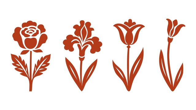 Set of floral silhouettes. Vector terracotta icons of rose, iris and tulip flowers in stencil style isolated on white