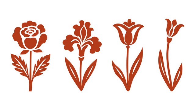Set of floral silhouettes. Vector terracotta icons of rose, iris and tulip flowers in stencil style isolated on white