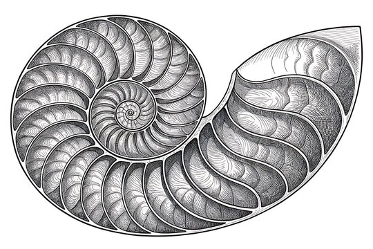 Detailed black and white nautilus shell illustration