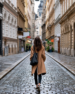 Wet cobblestones reflect soft morning light. Woman walks away, coat rustling gently. Her dark hair flows loosely behind her. She carries a sleek black shoulder bag