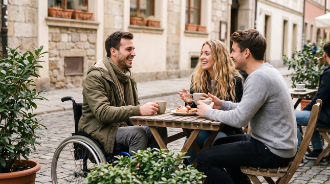 Three friends enjoying coffee and conversation in a european city street
