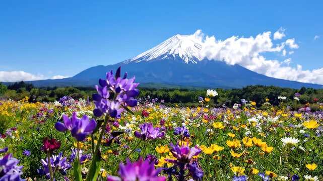 Mount Fuji and Vibrant Wildflower Field in Japan