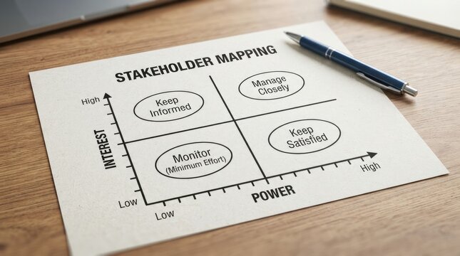Stakeholder mapping matrix on paper, business power interest grid for project management, corporate strategy analysis tool on wooden desk