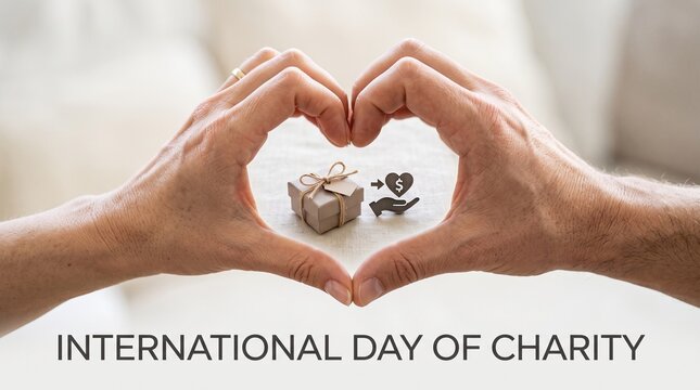 International Day of Charity concept, hands forming heart shape around gift box, donation and philanthropy banner for social impact