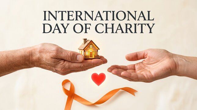 Hands pass a small model house to another person to symbolize housing assistance and support on the International Day of Charity.