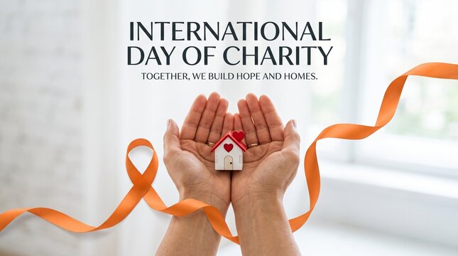 International Day of Charity banner, cupped hands holding small house with heart, orange ribbon for social awareness and hope