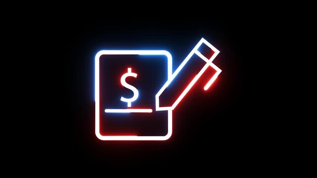 Neon glowing document with dollar symbol and pen icon animation on dark black background.