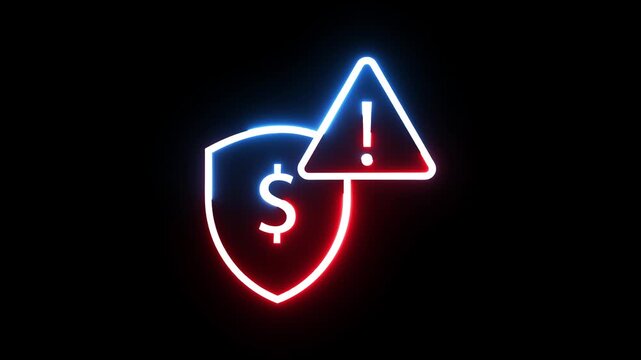 Neon glowing financial security shield warning sign pulsating icon against black backdrop.